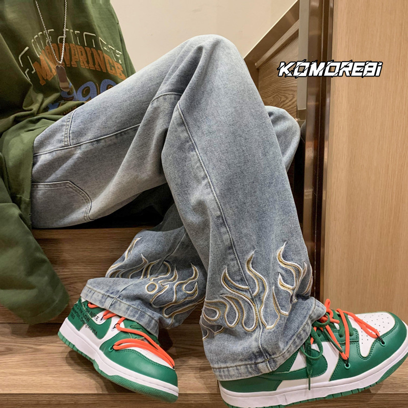 Jeans men's spring and autumn retro distressed fashion brand ins straight loose casual high street vibe wide leg daddy pants