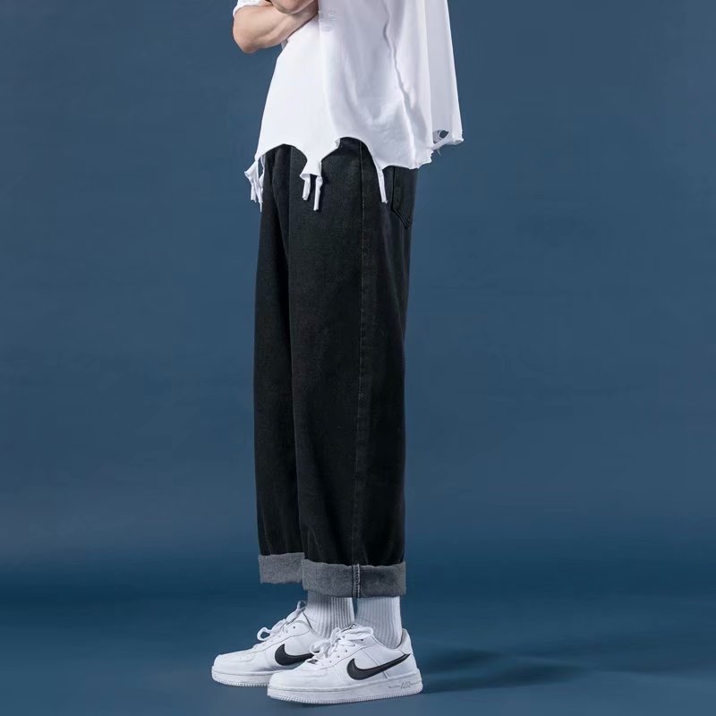 Light Color Jeans Men's Loose Fashionable Brand Washed Straight Pants Korean Style Fashionable Retro Wide Leg Dads Pants
