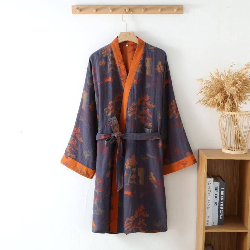 Men's lace-up nightgown spring/summer autumn mid-length kimono bathrobe double-layer mesh jacquard cotton home wear sweat steaming clothes