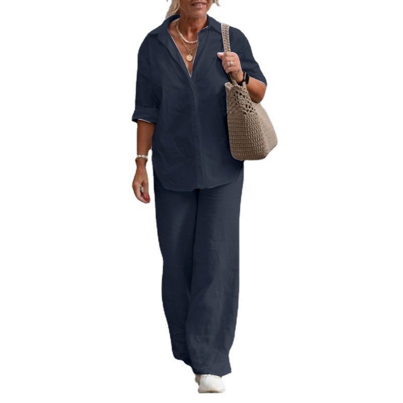 European and American Cross-border Women's Two-piece Suit Women's 2023 Lapel Long-sleeved Shirt Spring and Autumn Casual Solid Color Pants Wide-leg Suit