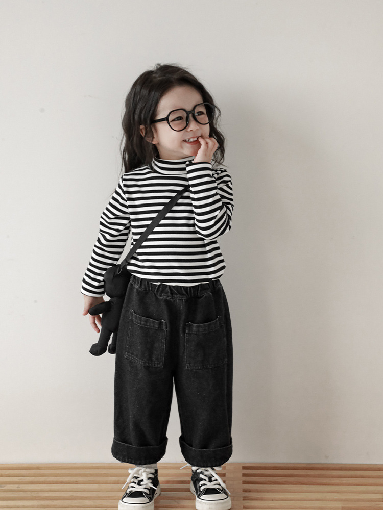Qiu Duomeng Children's Half High Collar Striped Base Shirt 2023 Autumn New Girls Korean T-shirt Baby Long Sleeve T-shirt