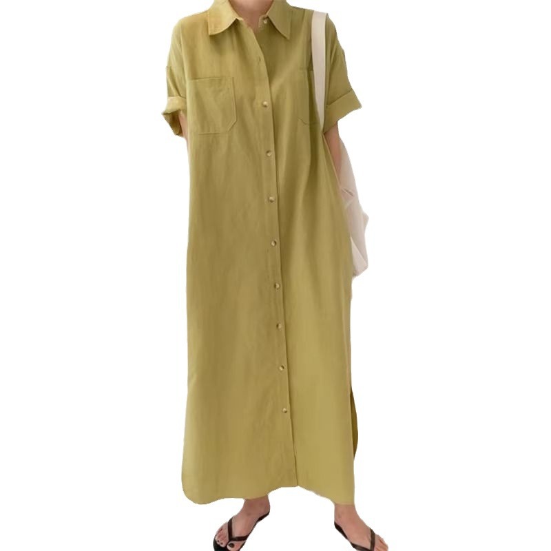 Cotton and Linen Shirt Dress Women's Summer Simple Long Tencel Ramie Short-sleeved Dress Over-the-knee Long Dress