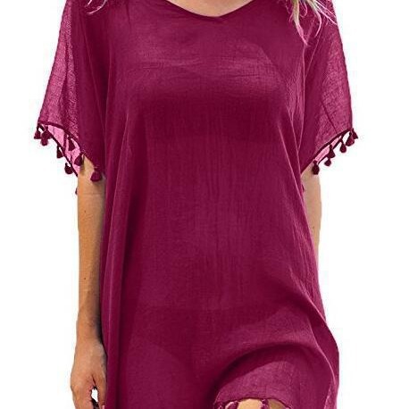 Amazon European and American Cross-border Summer Women's Foreign Trade Round Neck Chiffon Tassel Dress Large Size Loose Beach Blouse