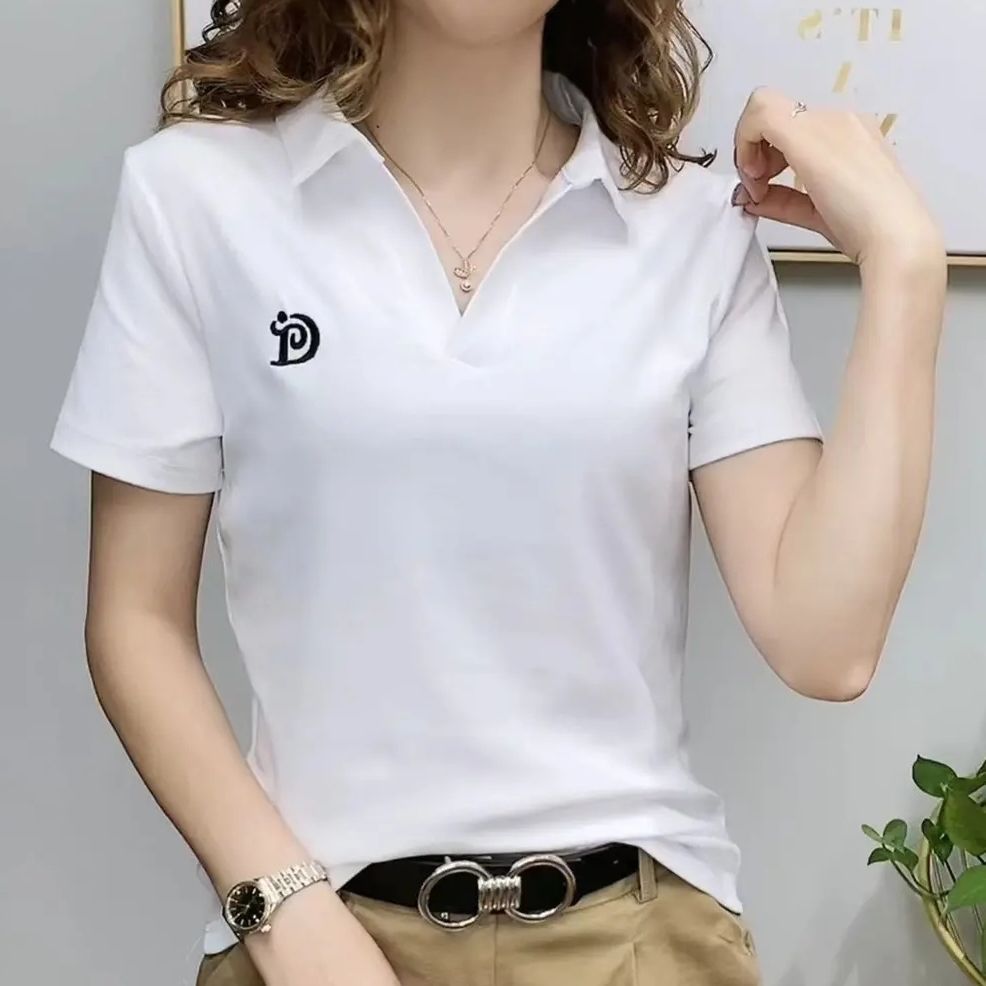 Internet Celebrity Popular Women's Polo Shirt V-neck Short-sleeved T-shirt Women's 2022 Summer New Western Style Age-reducing Casual Top