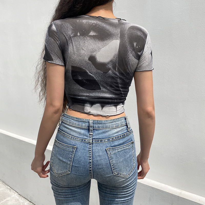 Cross-border European and American T-shirt Amazon printed mesh sexy slim fit short women's bottoming shirt manufacturer dropshipping