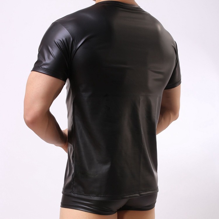 Men's sexy underwear patent leather vest tight patent leather bar stage performance short sleeve top clothing wholesale