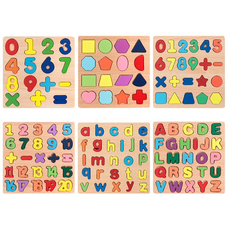 3d three-dimensional wooden jigsaw puzzle number shape letter jigsaw puzzle block matching hand-held board children's educational toys wholesale