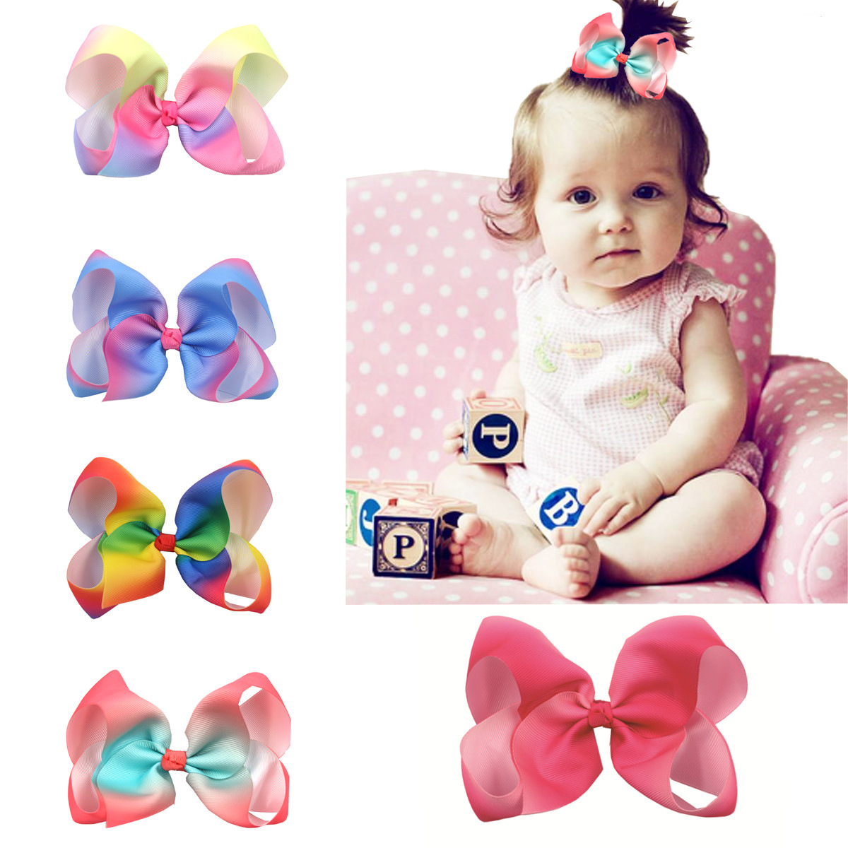 European and American children's jewelry 5inch bow hairpin gradient color rainbow bubble flower girl hairpin headdress hair accessories_voghion.com
