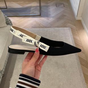 Bow Knitted Flat Sandals Women's 2023 Summer New Arrival European and American Retro Pointed Shallow Toe Empty Sandals