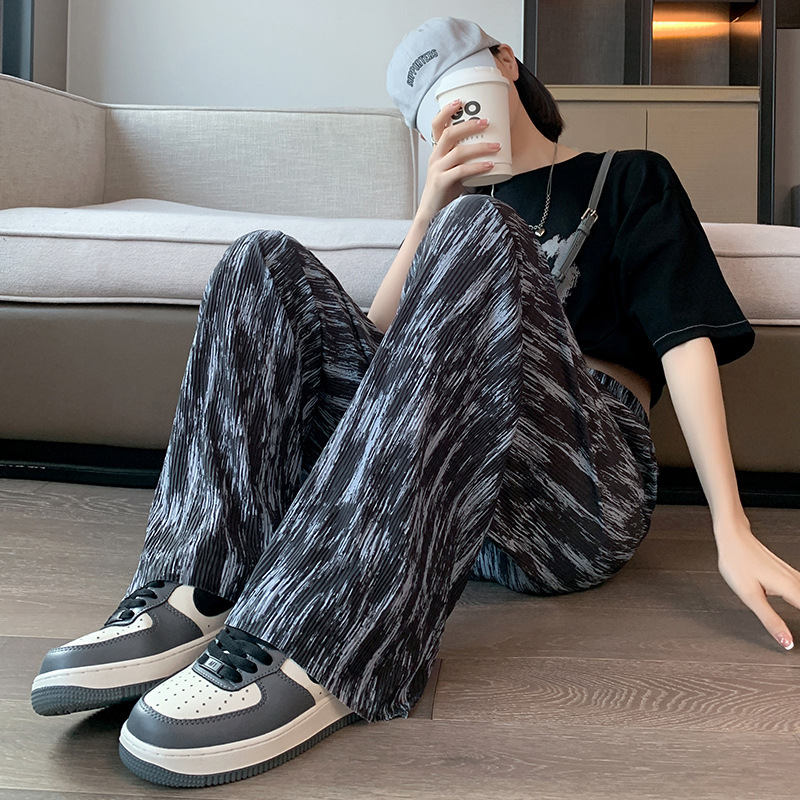 Ice Silk Tie-Dye Narrow Wide-Leg Pants Women's Spring and Summer Thin Straight Slim-fit High Waist Dosing Casual Foreign Trade Pants