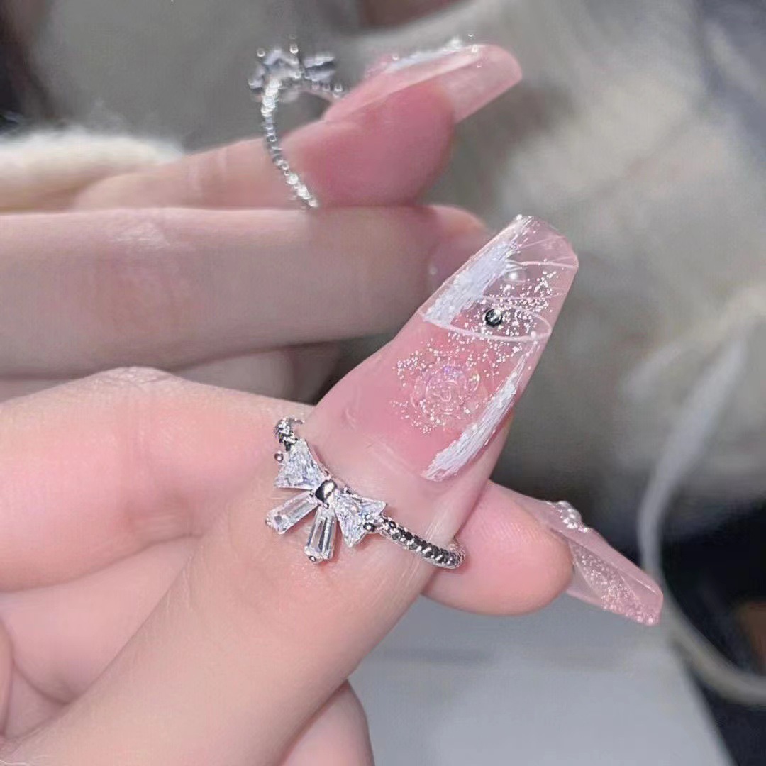 "Time Princess" ragazza cuore tutto-fiammifero dolce temperamento fiocco argento anello aperto anello regolabile_voghion.com
