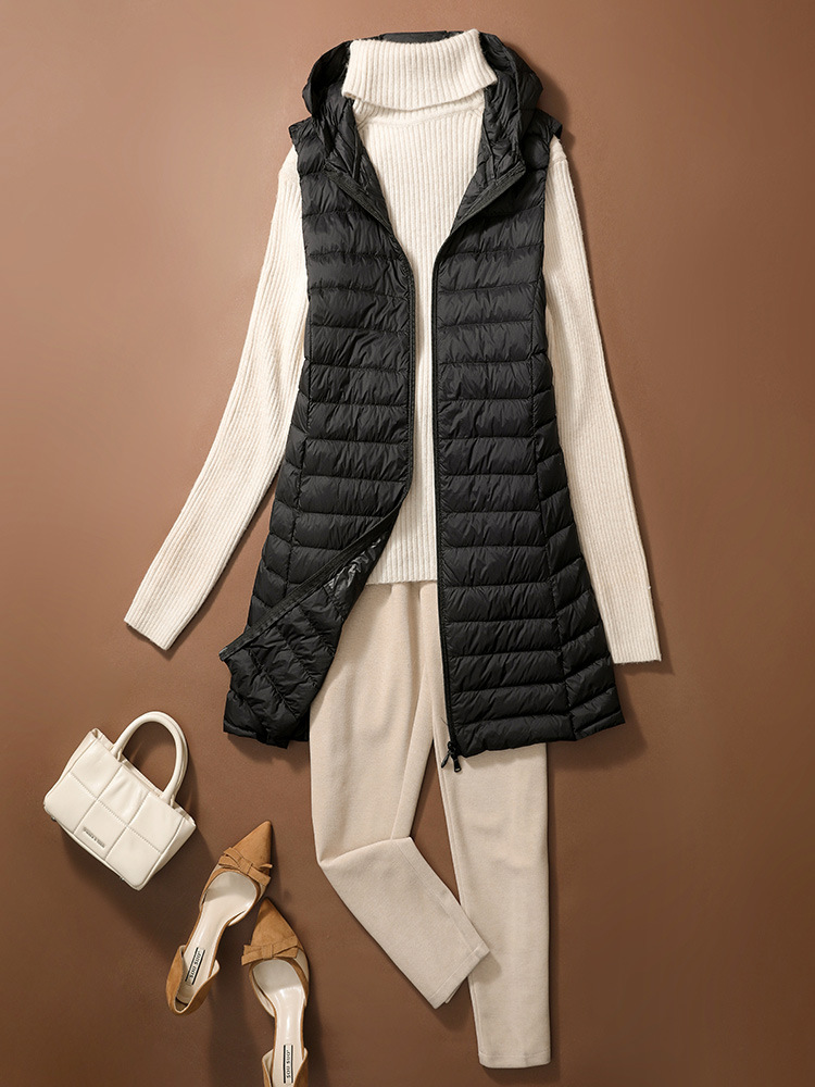 Cross-border Autumn and Winter Hat Lightweight Down Vest Women's Mid-length Slim-fit Large Size Sports Down Jacket Liner Vest