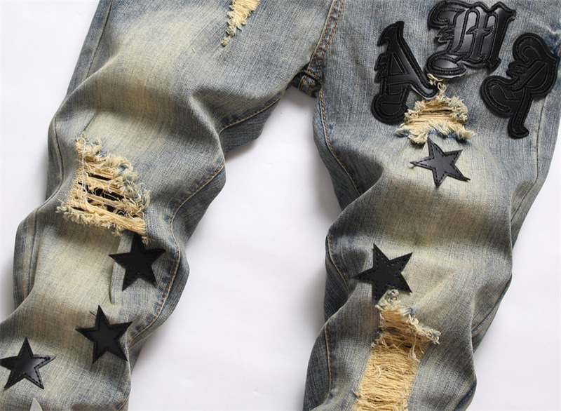 AMI European Men's Jeans Ripped Patch Trendy Stretch Slim-Fit Skinny Pants All-Match Men's Pants 3096