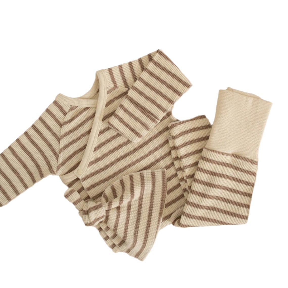 Newborn Clothes Class A Baby Autumn Clothes Little Baby Striped Waffles Monk Clothes High Waist Belly Protectors PP Pants suit