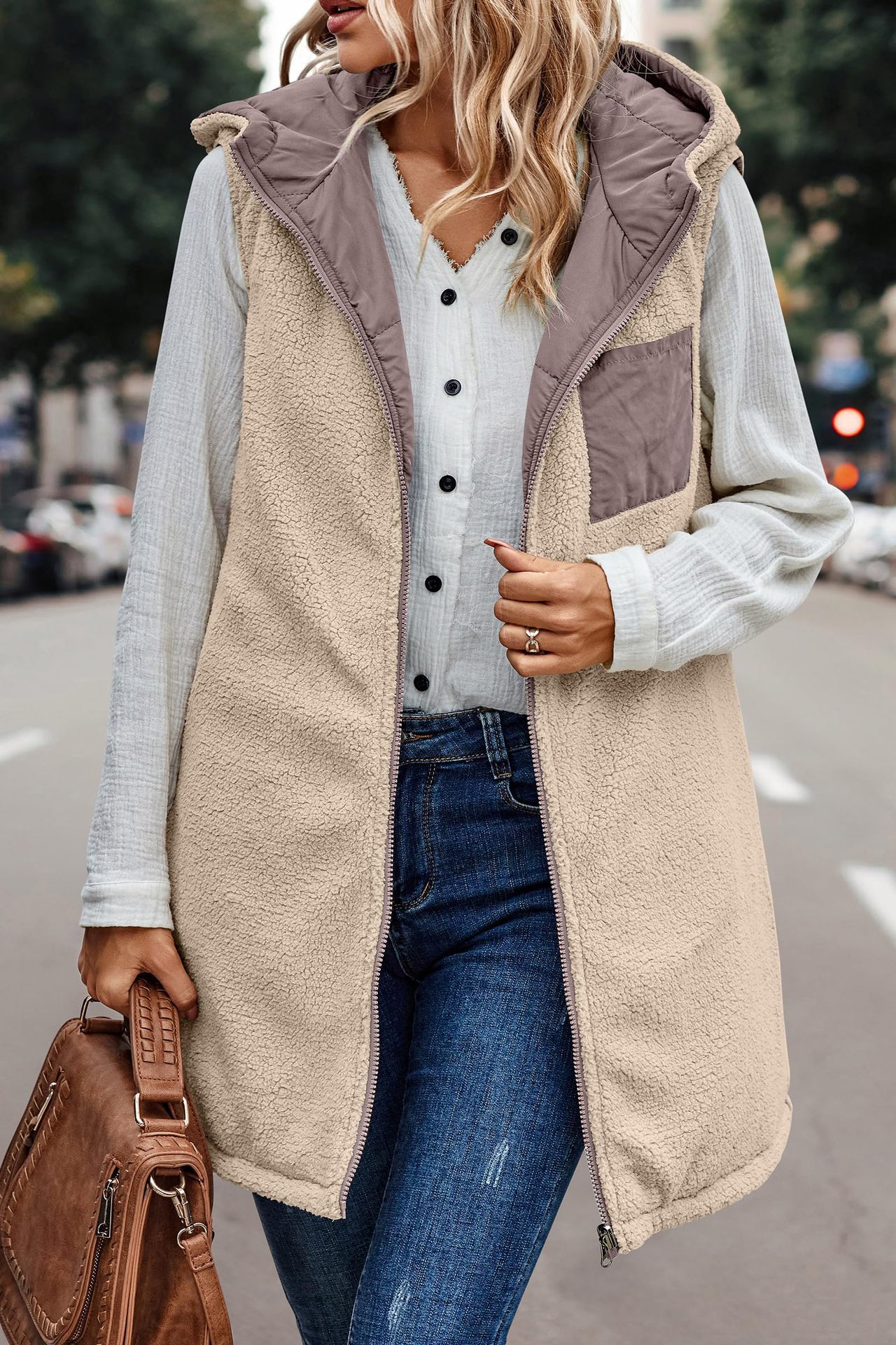 In stock 2023 new European and American solid color hooded cotton-padded vest double-sided warm cardigan windproof coat_voghion.com