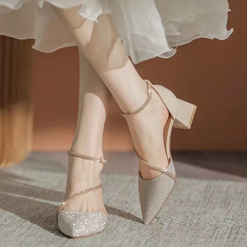 Chunky Heel High Heels Women's 2022 New Spring and Autumn Pointed One-character Buckle with Rhinestone Matching Skirt Mid Heel Single Shoes
