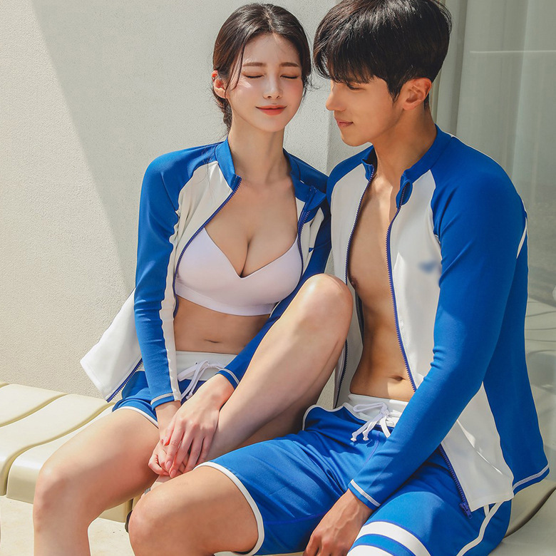 2023泳裝錦綸分體泳衣水母衣衝浪服男女長袖游泳衣情侶套裝亞馬遜