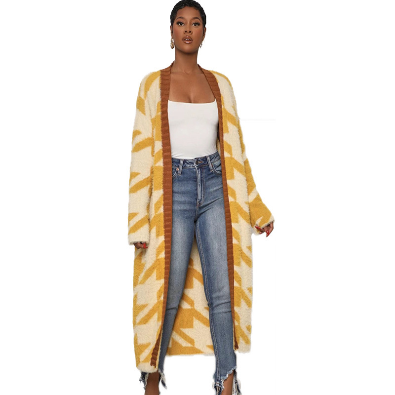 2024 cross-border Europe and the United States explosions houndstooth knitted Antarctic velvet coat coat loose cardigan coat factory outlet_voghion.com