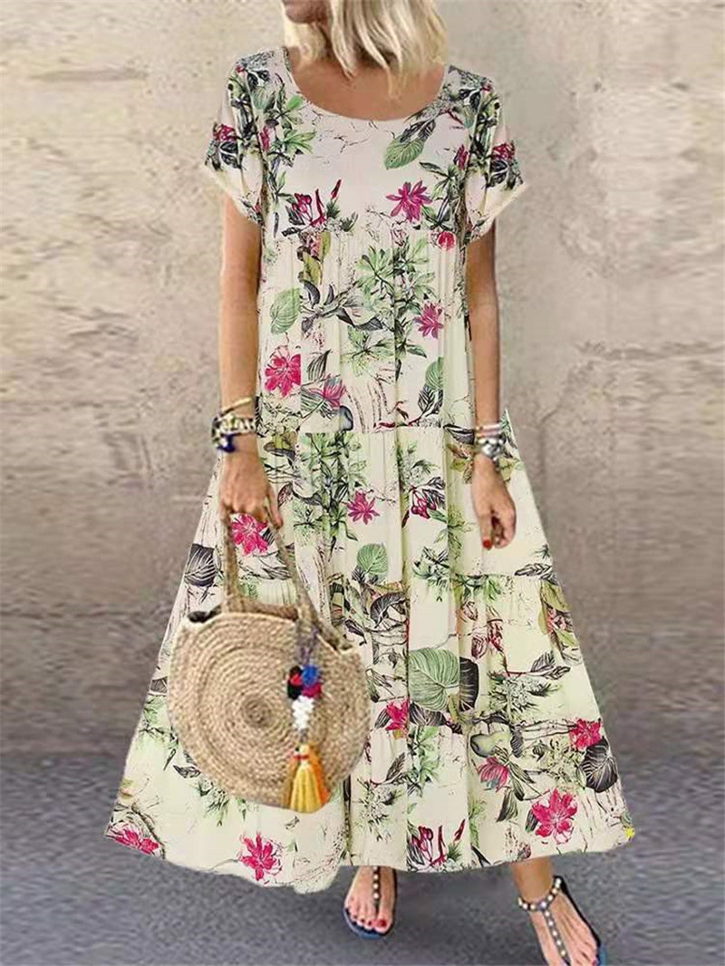 2022 Amazon Wish independent station popular women's vintage floral print short sleeve round neck dress