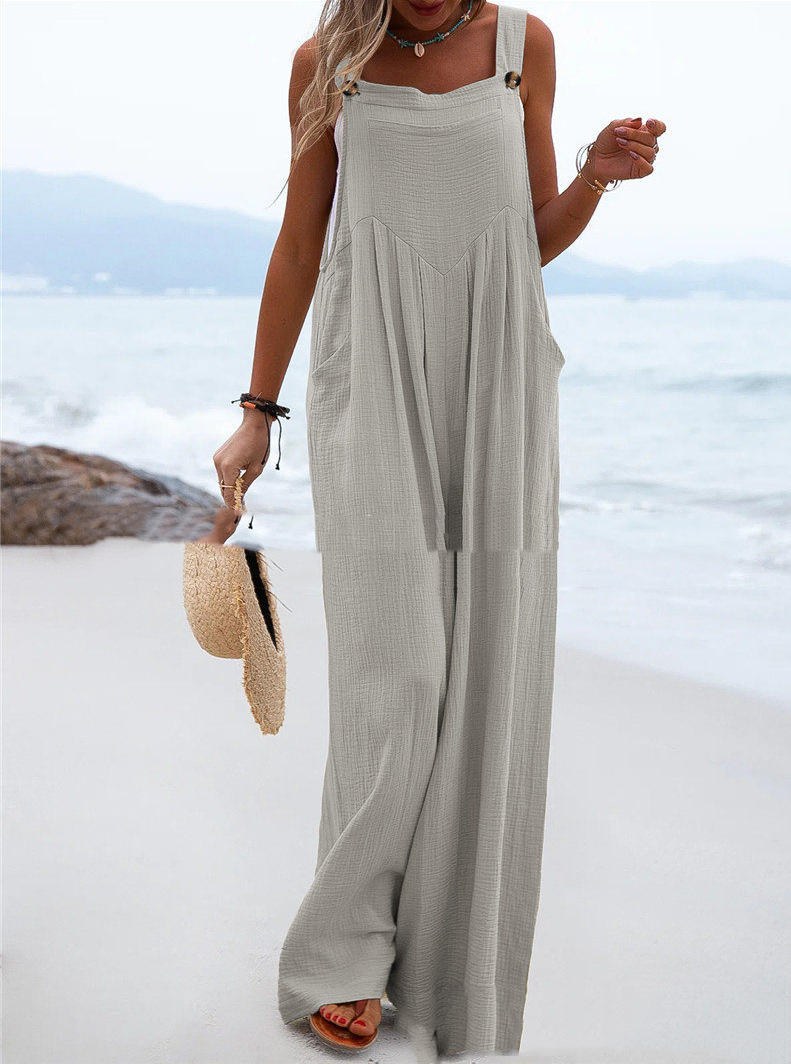 In stock Summer new women's fashion ethnic style solid color button sling jumpsuit wide leg pants trousers C111