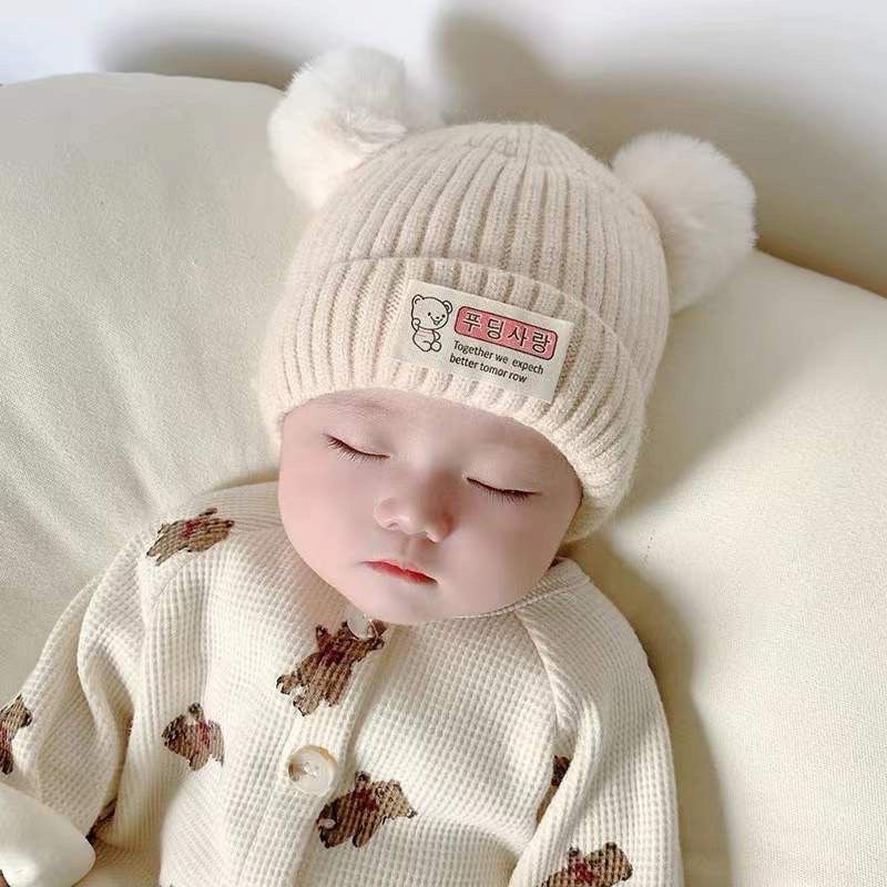 Baby winter super cute baby boy baby girl baby wool knitted hat cotton lining warm thickened bear hat