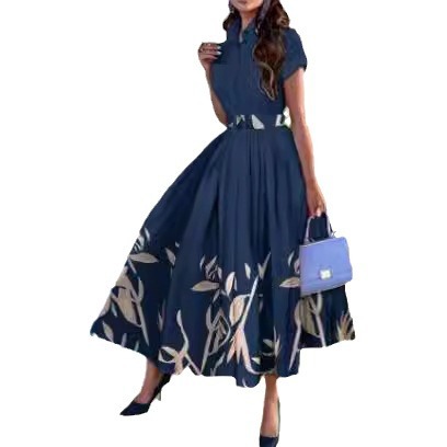 2023 European and American Shirt Collar Large Swing Positioning Flower Print Short Sleeve Button Dress with Belt