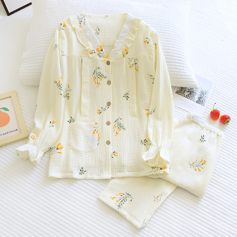 Spring and Summer New Cotton Crepe Moon Suit Thin Gauze Nursing Clothes V-Neck Flower Sweat Absorbing Breathable Large Size