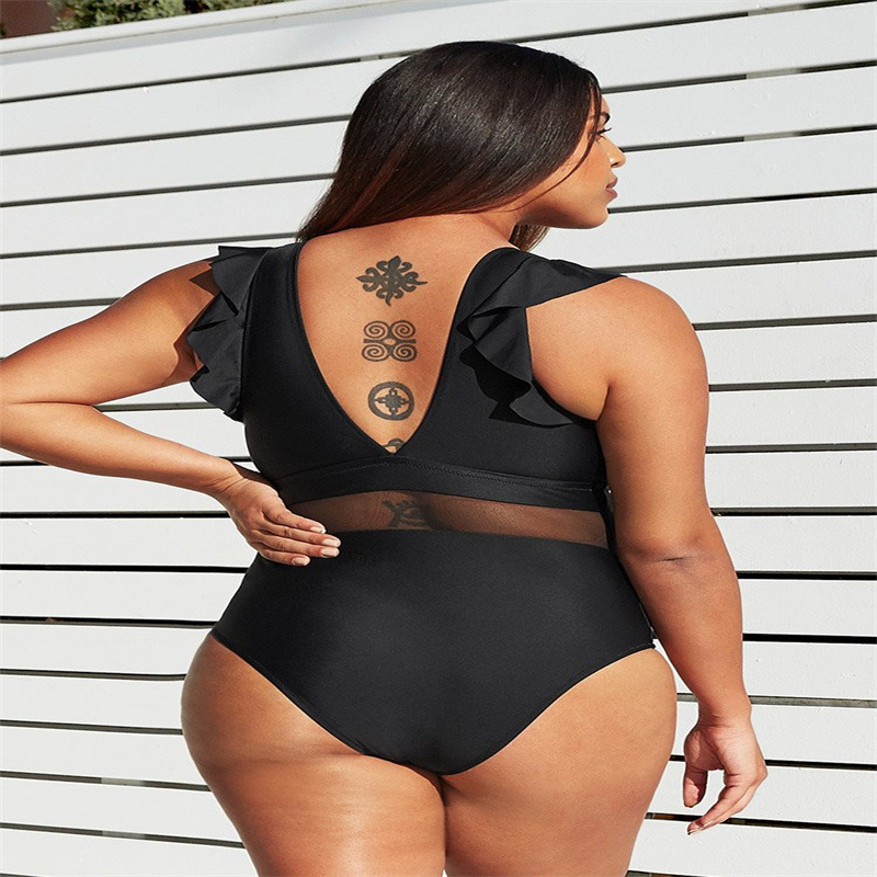 Cross-border New European and American Women's Fat-added one-piece Swimsuit Solid Color Mesh Stitching plus size Swimsuit AliExpress bikini