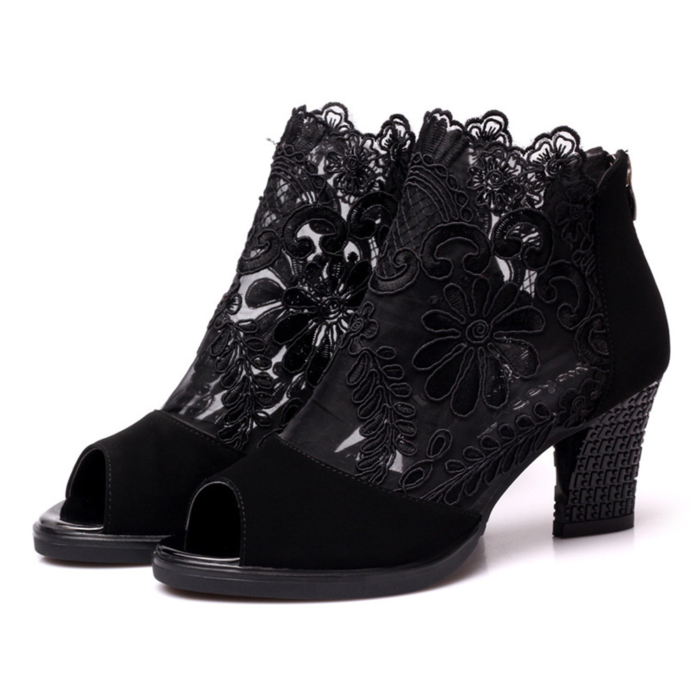 2023 Summer new European and American peep toe lace mesh chunky heel foreign trade plus size women's shoes factory wholesale