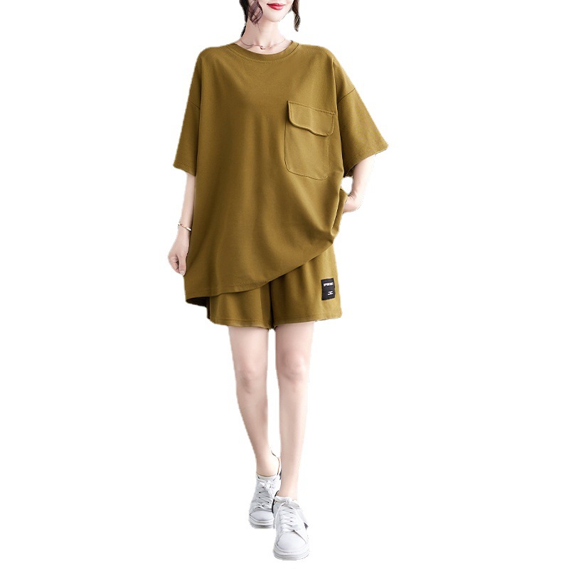 Short Sleeve suit women's fashion plus size casual chubby girl European style pocket design slimming shorts two-piece set for women