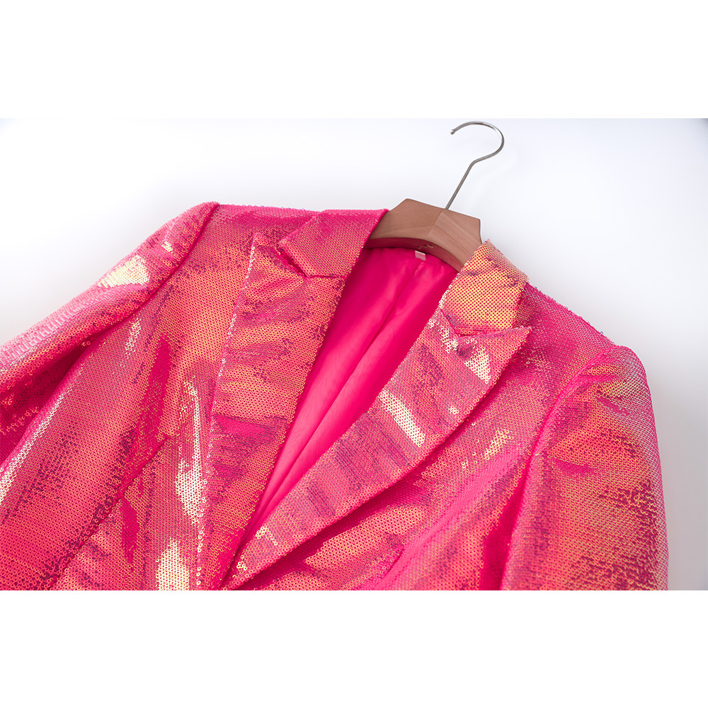 Jarní a letní sako s růžovými flitry, elegantní blikající BLING, módní dvoudílná sada_voghion.com