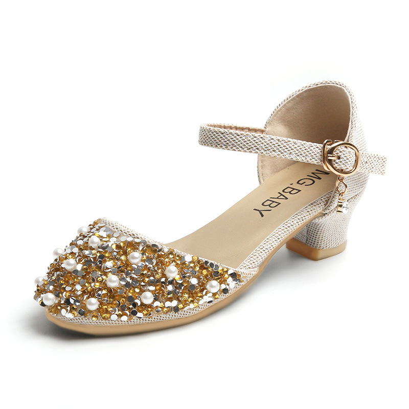 Spring and summer 2023 new girls rhinestone Princess small leather shoes students Pearl shoes big children's performance dance shoes tide