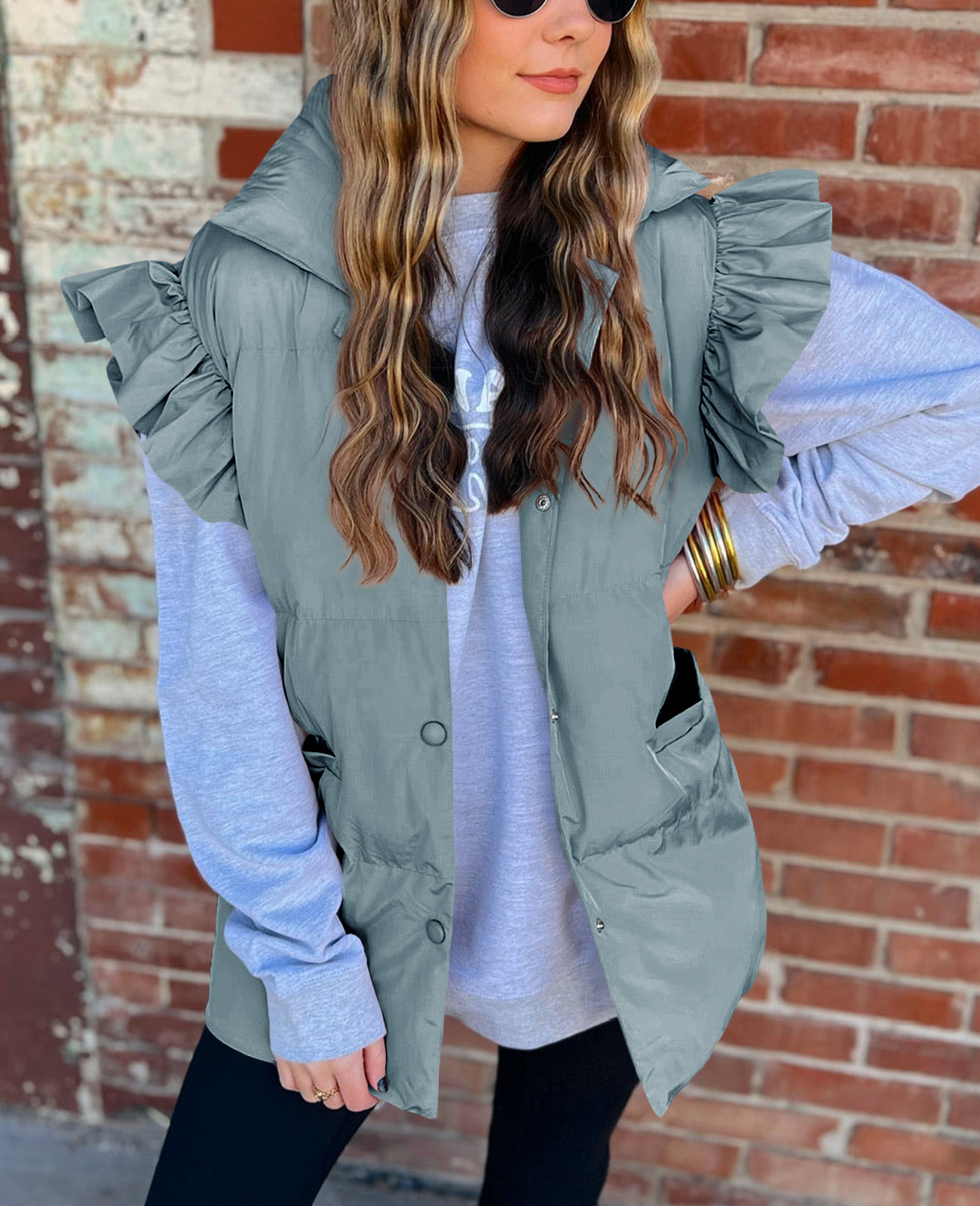 Grenzüberschreitende europäische und amerikanische Herbst- und Winterneuheiten mit lockerer Tasche und Baumwollpolsterung, fliegende Ärmel, elegante Weste, Stehkragen, Mode, Einreiher_voghion.com