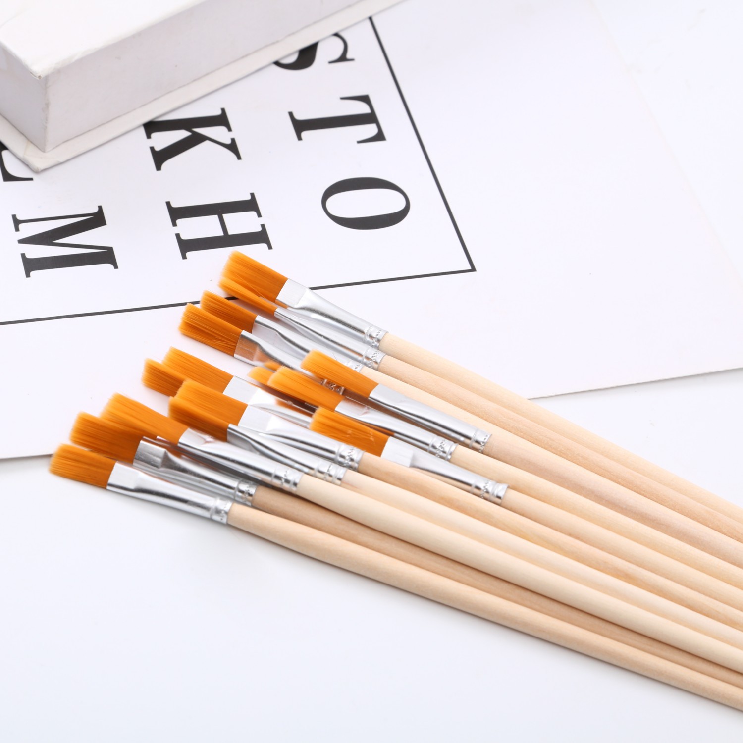 Wooden Pole Flat Head Brush Nylon Bristle Flat Line Pen Pointed Pen Gou Line Pen Digital Oil Brush Gypsum Doll Brush