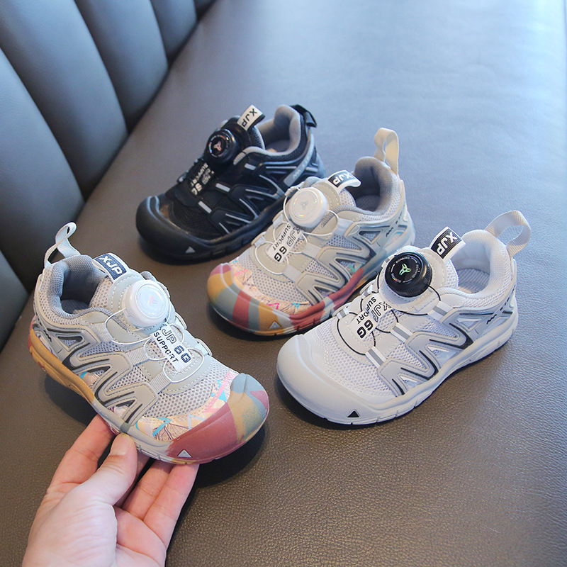 Boys' shoes 2024 autumn new children's outdoor sneaker girls' rotating buckle soft bottom hiking shoes running shoes