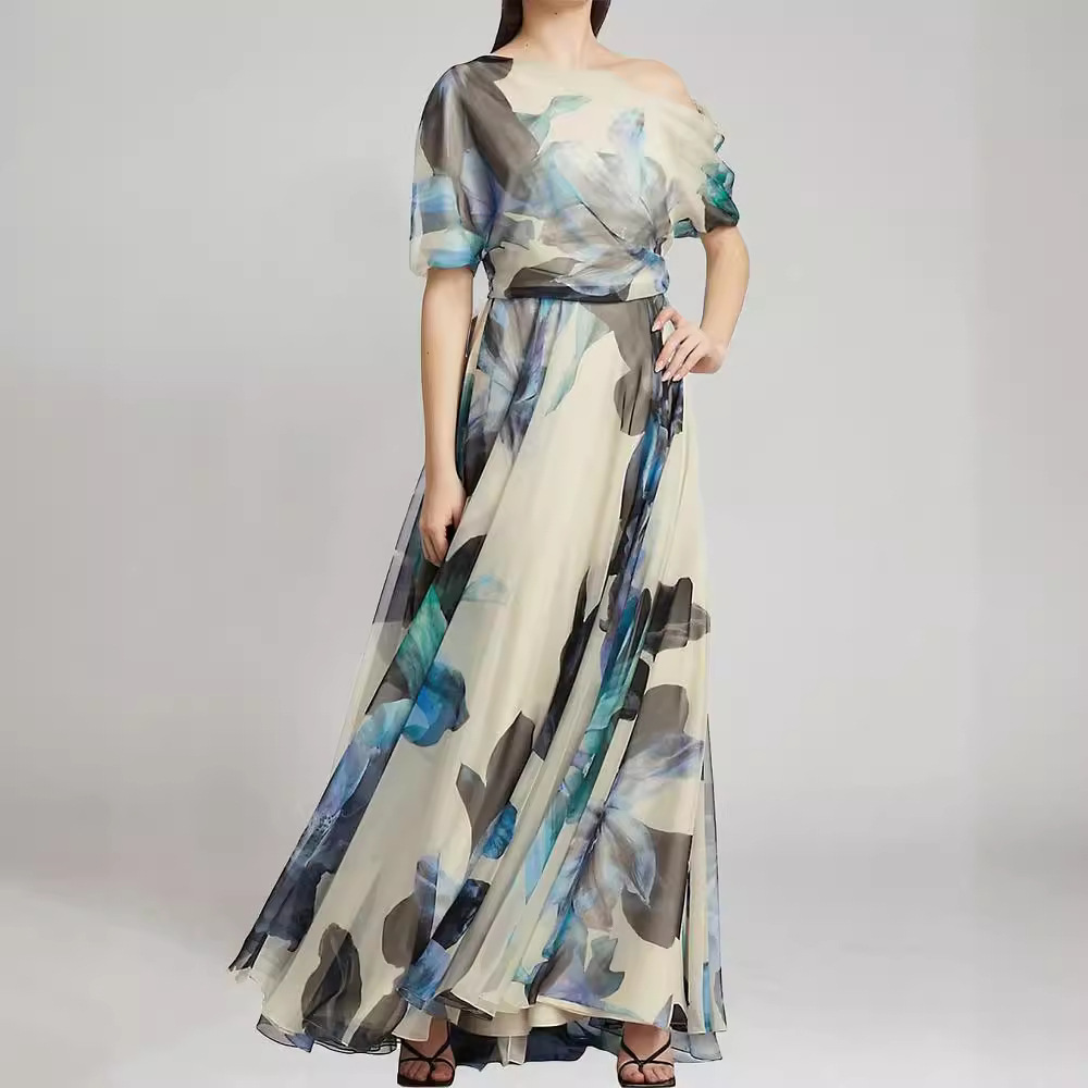 2024 cross-border summer new European and American bohemian holiday style lace-up Lolita large swing skirt Printing Dress