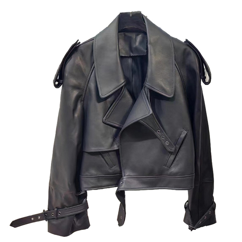 2023 Autumn and Winter Show Poplar Forest Classic Wine Red Ultra Short Shoulder Leather Jacket Short Coat for Women