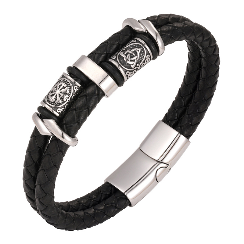 New Cross-border Explosions Handmade Black Leather Stainless Steel Nordic Viking Double Beaded Men's Fashionable Bracelet