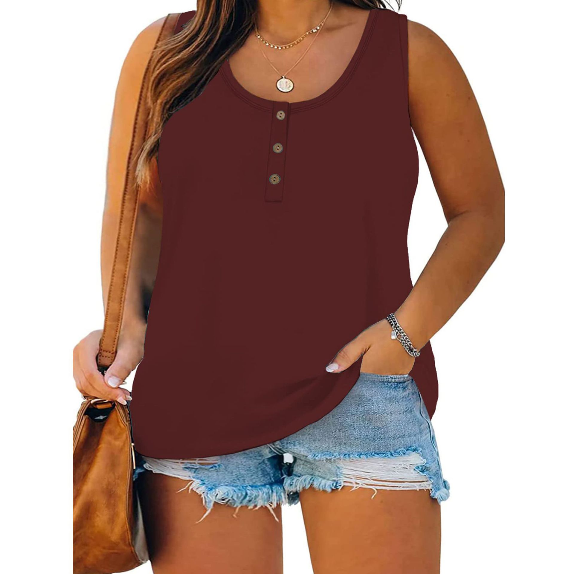 Amazon Cross-border European and American Large Size Women's Summer Sleeveless Button Solid Color U-collar T-shirt Women's Six Color Five Size Now