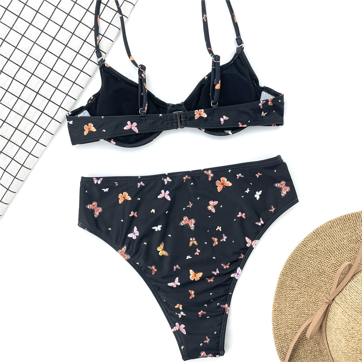 Amazon European and American Foreign trade Women's split swimsuit butterfly printed steel bracket gathered high waist bikini 9980