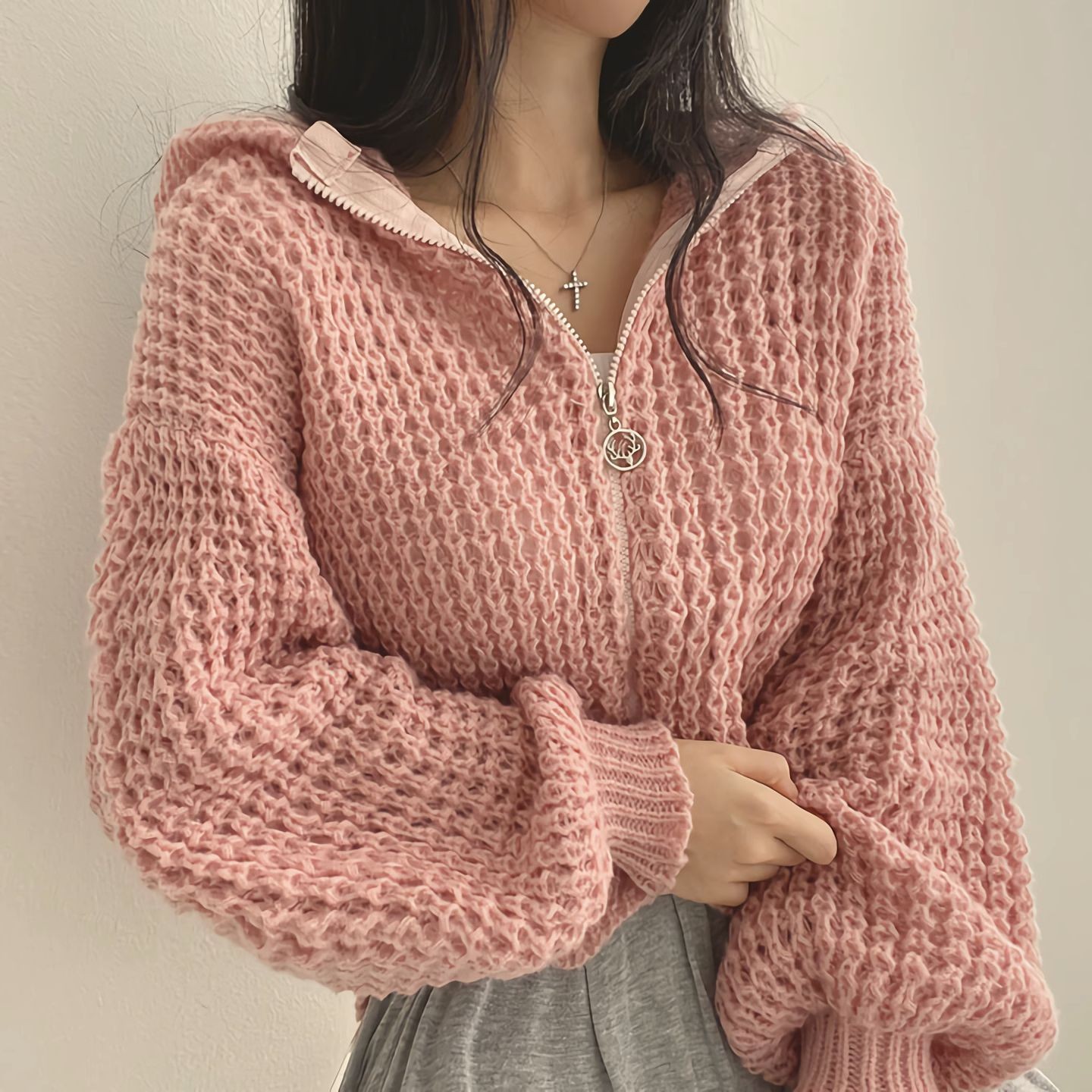 Hooded short sweater coat 2023 autumn and winter New lazy style women's design thick needle lapel loose sweater_voghion.com