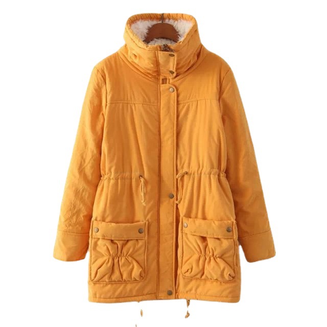 Winter New Korean Style Loose Drawstring Tight Waist Large Lapel Lambskin Cotton-padded Coat Mid-length Cotton-padded Coat Women's Coat