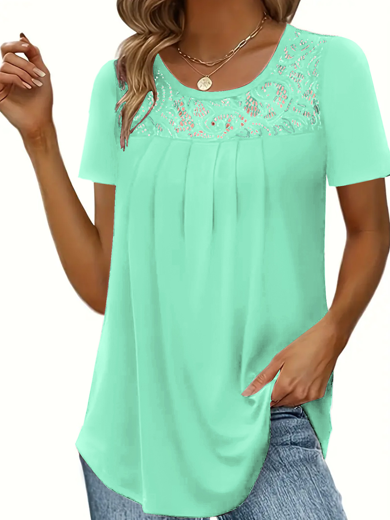  New Amazon AliExpress European and American Clothing Fashion Top Neck Solid Color Lace Short Sleeve T-Shirt