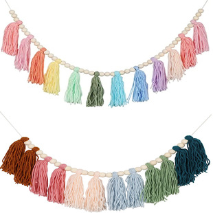 Cross-border wall decoration primary color wooden beads wool tassel string rainbow pastel tassel tapestry wall hanging ins style home