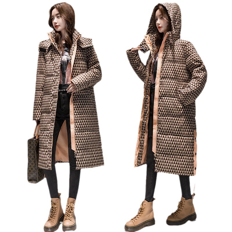 Hooded plaid over-the-knee long Internet celebrity fashion loose and versatile temperament plaid women's mid-length down jacket for women trendy