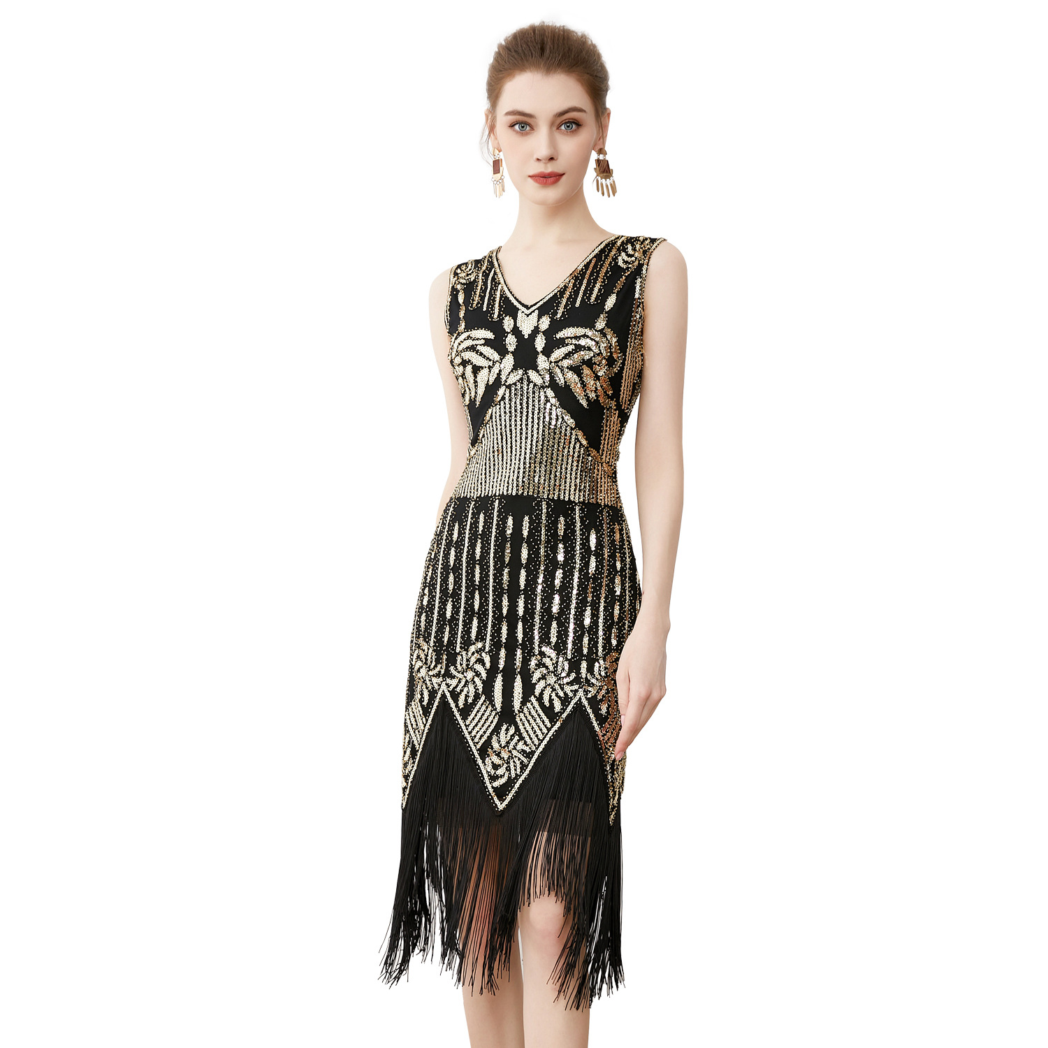 European and American Retro Gatsby Ball Dress Dance Dress V-Neck Sequins Beaded Tassel Vest Large Size Dress