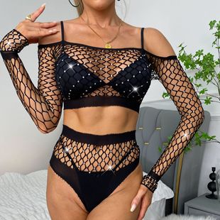 Grenzüberschreitende neue heiße Strass-Overall aus europäischem und amerikanischem Jacquard sexy Dessous aushöhlen einteiliges Mesh sexy Mesh_voghion.com