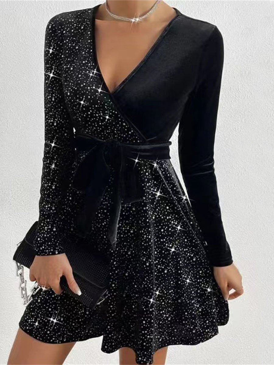 In stock 2023 cross-border Amazon European and American autumn and winter clothing sexy V-neck hip irregular skirt sequins dress