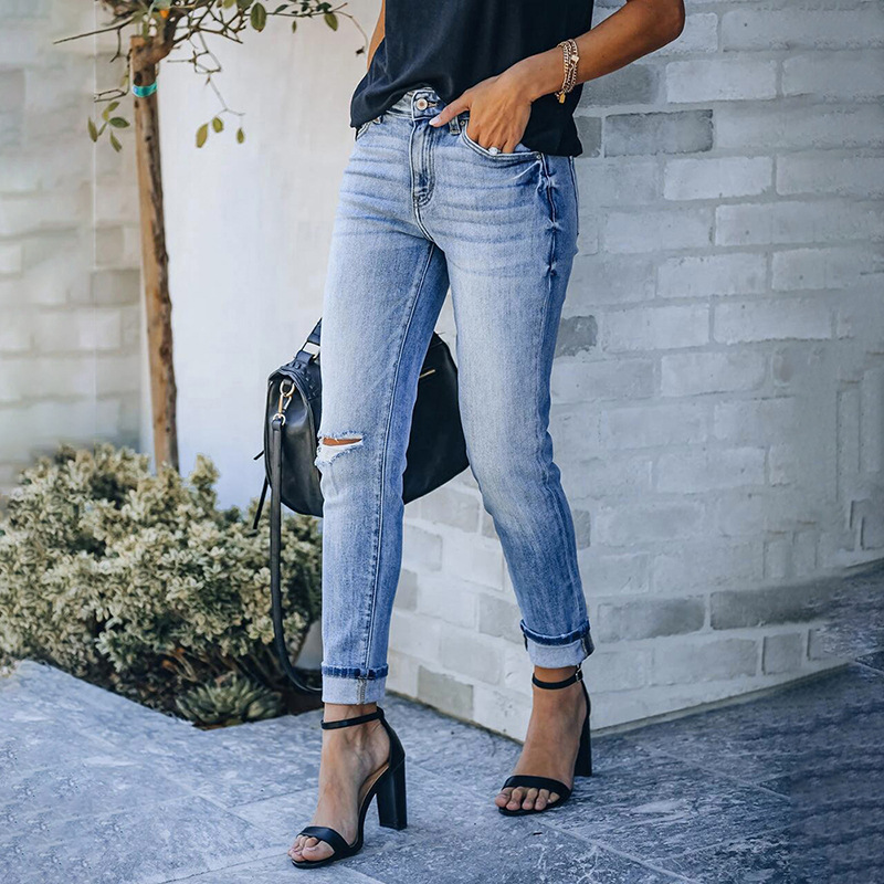 2021 Cross-border Amazon Independent Station Cut Stretch Middle Waist Leg Jeans Women's Pants Super Hot