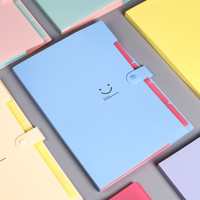 Candy color a4 folder multi-layer five-compartment smile organ bag button test paper storage file bag pp file bag